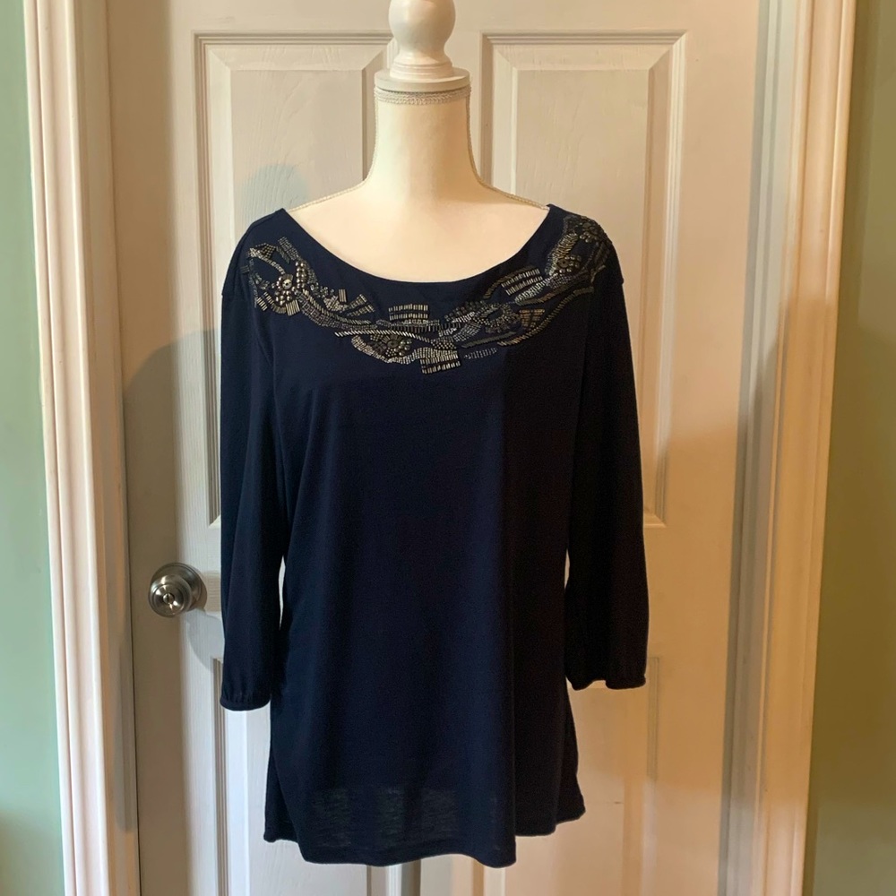 a.n.a. Navy Blue beaded top. Excellent condition.